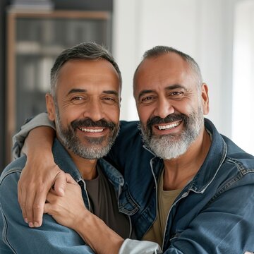 Happy gay man with arm around mature friend at home.