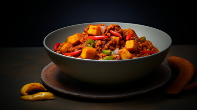 A bowl of Nigerian ewa agoyin, a spicy bean stew served with fried plantains, a popular suhoor dish