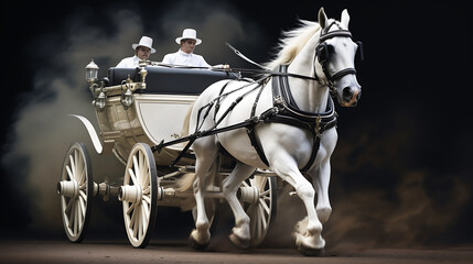 An image of a white horse-drawn carriage racing.