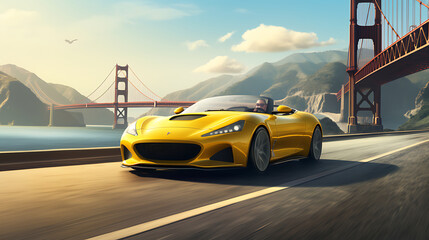 An image of a yellow convertible car racing on a coastal highway. - obrazy, fototapety, plakaty