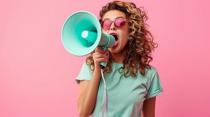 Exultant happy vivid young curly latin woman 20s wear mint t-shirt sunglasses hold scream in megaphone announces discounts sale Hurry up isolated on plain pastel light pink background studio portrait - obrazy, fototapety, plakaty