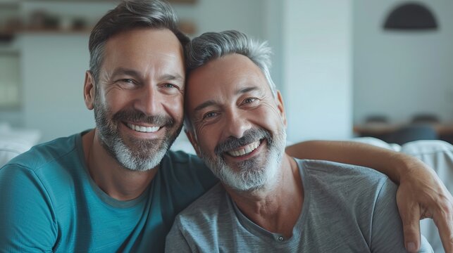 Happy gay man with arm around mature friend at home.
