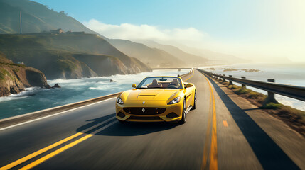 An image of a yellow convertible car racing on a coastal highway. - obrazy, fototapety, plakaty