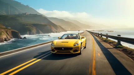Poster An image of a yellow convertible car racing on a coastal highway. © M. Ateeq