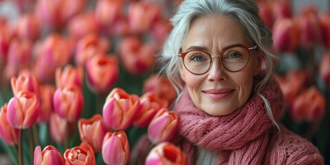 An elegant and charming senior woman, a lovely grandmother, smiles with a tulip blossom. - obrazy, fototapety, plakaty