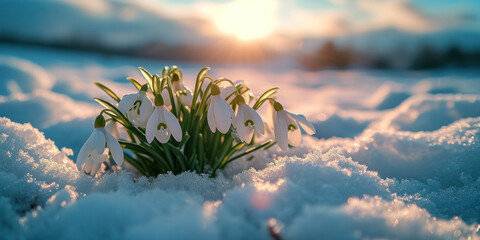 In the early spring sunlight, snowdrops bloom, bringing the first signs of seasonal beauty.