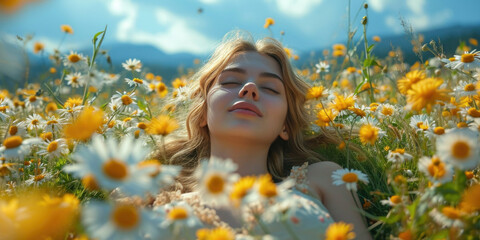 An attractive young woman lies in a blooming meadow, embodying freedom and calm relaxation.