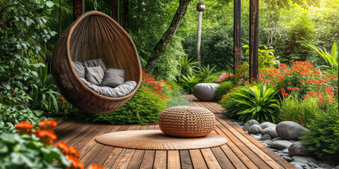Summery garden with outdoor furniture, relaxation pillows, and a wooden terrace, blending nature and luxury.