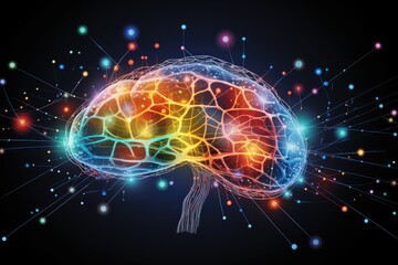 Naklejka na ściany i meble Colorful 3d scientific brain stimuli, neurovascular neuronal network. Neurotropic neurons neural processes and neural correlates consciousness. Neurooncology, neurophotonic neurolinguistics