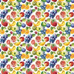 The image is a watercolor illustration with a mix of fruits like oranges, lemons, bananas, and berries, along with leaves, in a seamless pattern on a white background.