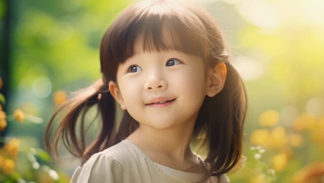 Smiling asian kid have fun. Funny little girl play outdoor. Pretty child enjoy summer. Happy childhood concept. Beautiful cheerful children at kindergarten. Joy positive nice person. Nature background