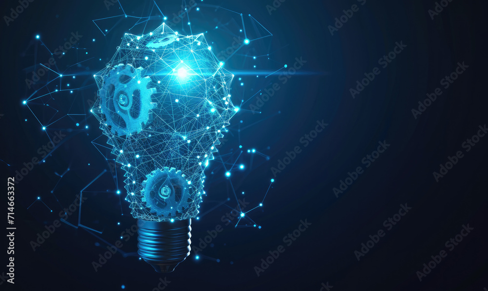 Wall mural abstract blue glowing light bulb with gears inside. machine learning and ai concept low poly style d