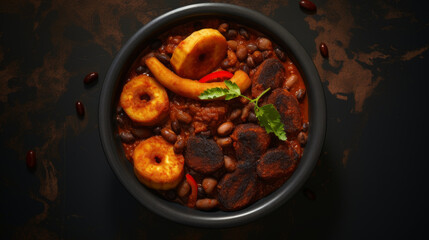 A bowl of Nigerian ewa agoyin, a spicy bean stew served with fried plantains, a popular suhoor dish - obrazy, fototapety, plakaty