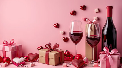 pink gift, heart ballon, bottle and glasses on  on pink background , valentines day