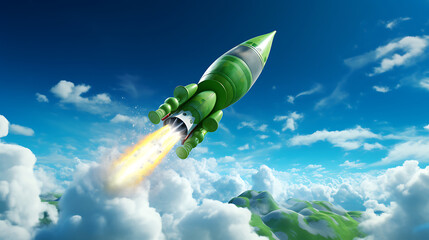 A green model rocket race to the sky. - obrazy, fototapety, plakaty