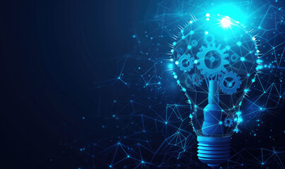 Abstract blue glowing light bulb with gears inside. Machine learning and AI concept Low poly style design. Abstract geometric background. Wireframe light connection structure