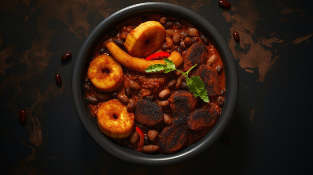 A bowl of Nigerian ewa agoyin, a spicy bean stew served with fried plantains, a popular suhoor dish