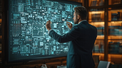 A trial lawyer business man in office scrutinizes looking a large flowchart screen on the wall, technology strategy concept