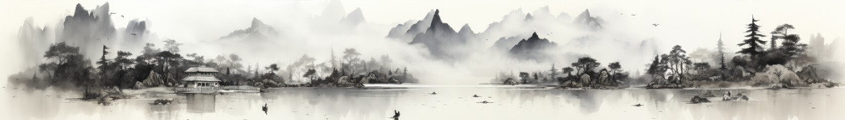 Black ink paint of lake and mountains. Oriental  minimalistic Japanese illustrative style. copyspace for your text. - obrazy, fototapety, plakaty