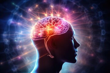 Fototapeta premium Brain, gentle light, positive energy, calming serenity, mental clarity during sleep. Sleep cycle, quality, duration are vital for combating insomnia, various sleep disorders, overall axon well-being
