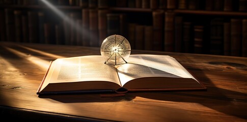 A photo of an open book on a wooden table with a twinkling effect behind it