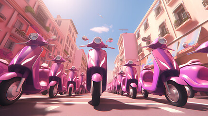 A pink scooter in a city scooter race. - obrazy, fototapety, plakaty