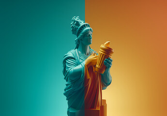 Luminous Liberty: Statue of Liberty Polishing the Torch Against a Green and Yellow Background
