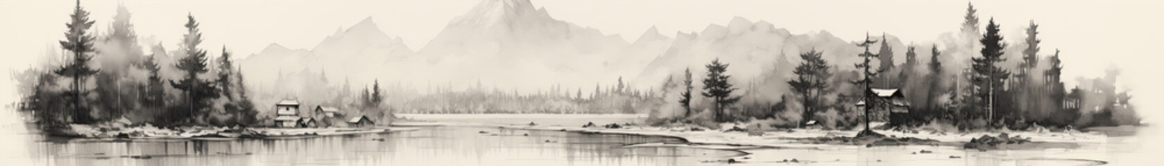 Black ink paint of lake and mountains. Oriental  minimalistic Japanese illustrative style. copyspace for your text.