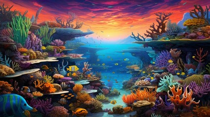 Fototapeta na wymiar A coral reef teeming with vibrant marine life, a colorful underwater world with fish, corals, and seascapes, highlighting the ocean's biodiversity. - Generative AI