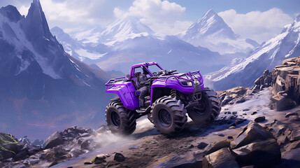 A purple ATV tackling a rocky mountain trail. - obrazy, fototapety, plakaty
