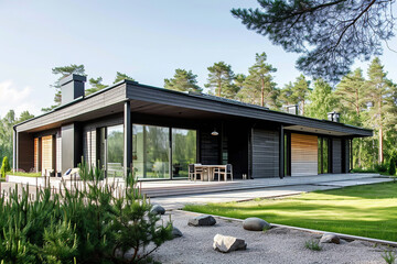 Scandinavian style modern cottage with large windows, terrace, landscape design, trees, forest background