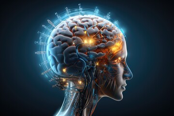 Obraz premium Brain in sleep, adorned neon lights,mantras and Chakra visualizations. Embracing silence and peaceful breath,haven for inner peace and stress reduction, creating a serene and tranquil sanctuary.