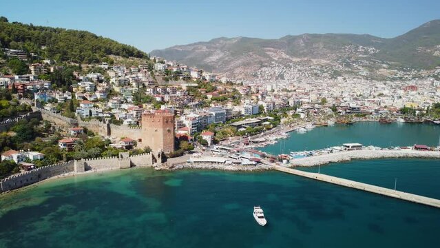 The Kizil Kule (Red Tower) and Alanya Marina in Turkey
