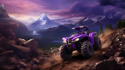 Foto op Aluminium A purple ATV tackling a rocky mountain trail. © Muhammad