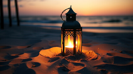 lighthouse at sunset on beach,  Serene Beach Ambiance with a Solitary Candle Lantern,