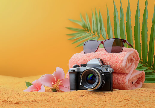 Beach Bliss: Towel, Camera, Flowers Sunglasses, and breth of  Warm Sea on the Shore with copy space. 