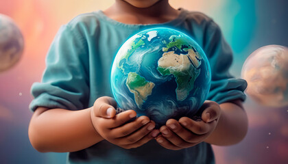 Planet Earth in the children's hands of a beautiful touching baby.