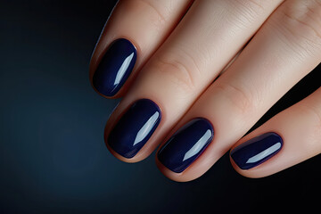 Close-up of woman fingers with beautiful navy blue manicure. Pastel color nail manicure with gel polish at luxury beauty salon. - obrazy, fototapety, plakaty