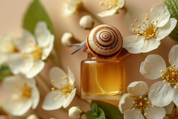 Snail slime natural cosmetic, vial and cream jars, plants on beige background with flowers, still life, copy space, top view