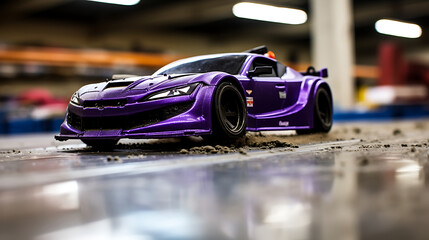 A purple radio-controlled drift car on a track. - obrazy, fototapety, plakaty