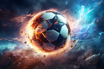 soccer ball with flames and lightning flying on night sky, dark blue background