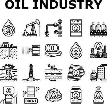 oil industry factory plant icons set vector. refinery energy, production power, pipe environment, chemical, fuel, worker engineer oil industry factory plant black contour illustrations