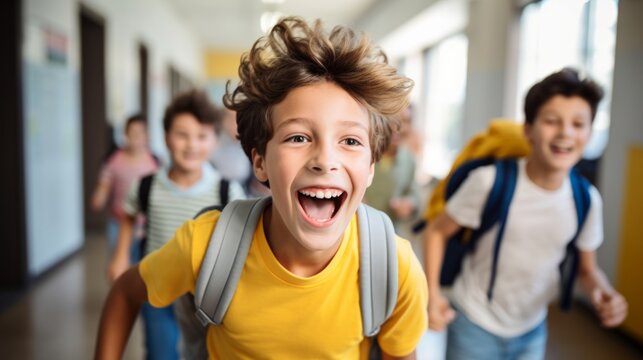 schoolchildren run out of school after lessons