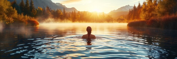 young woman swimming at sunset in a romantic calm lake