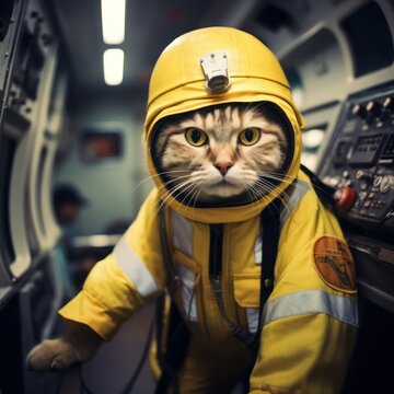 unn gato con traje de astronauta amarillo en unn aeropuerto abanndonado Job ID: ab4f0389-a022-499e-8158-64bfa4a2f696