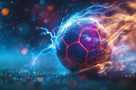 soccer ball with flames and lightning flying like a comet on night sky, blue and orange background