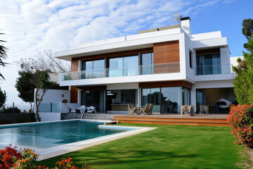 a modern minimalist house with a big flowers garden and a pool - obrazy, fototapety, plakaty