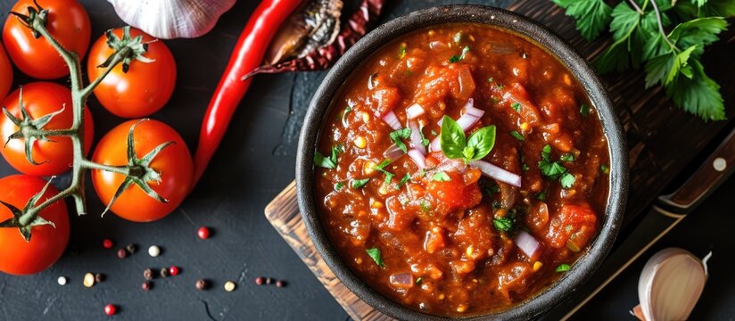 Indian gravy with onion-tomato masala, served in a bowl with raw tomatoes, onions, garlic, and red chili, focused.