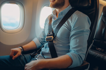 Male passenger fastening seat belt while sitting on the airplane for safe flight. Passenger fastening seat belt while sitting on the airplane for safe flight. Safety travel