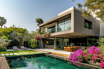 a modern minimalist house with a big flowers garden and a pool - obrazy, fototapety, plakaty